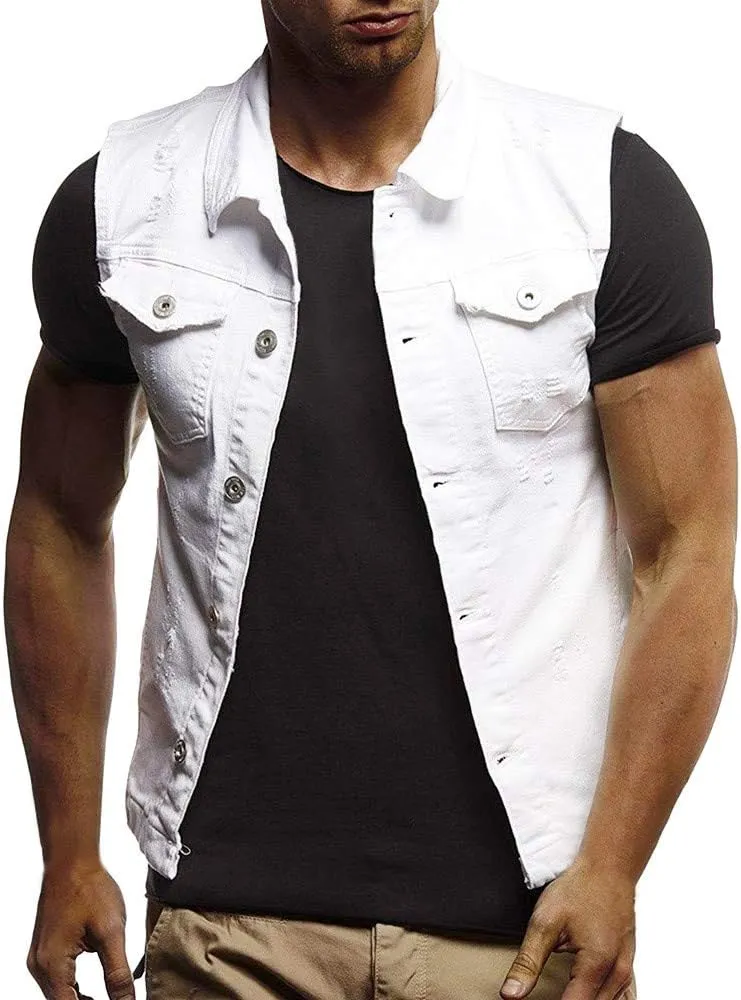 Men's Denim Vest Casual Slim Fit Ripped Classic Button Down Sleeveless Jean Jackets Stretch Vintage Cowboy Waistcoats
