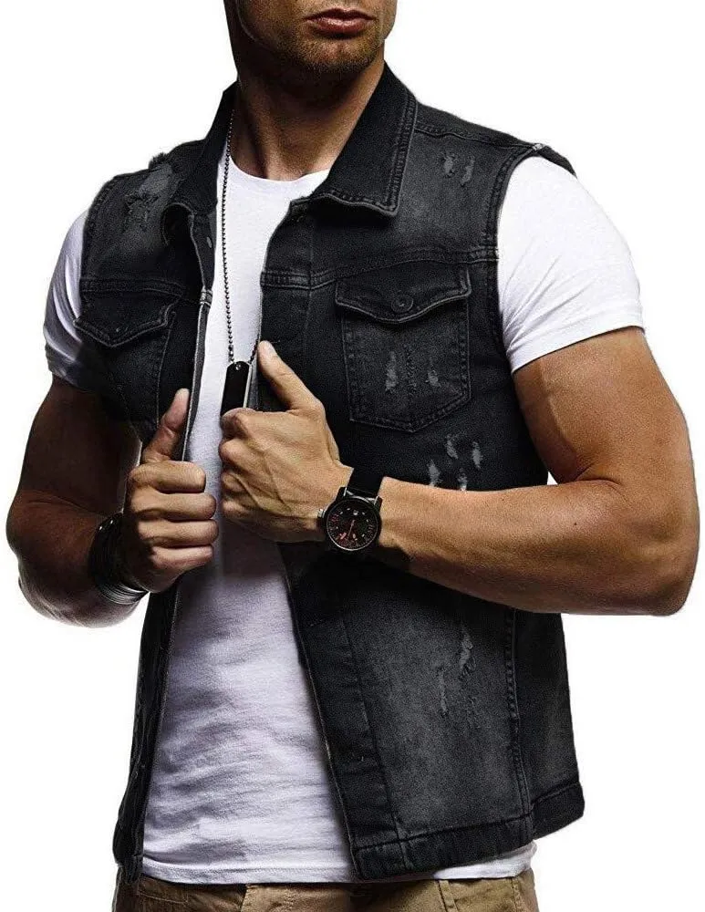 Men's Denim Vest Casual Slim Fit Ripped Classic Button Down Sleeveless Jean Jackets Stretch Vintage Cowboy Waistcoats