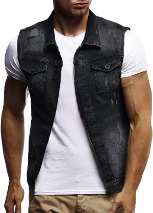 Men's Denim Vest Casual Slim Fit Ripped Classic Button Down Sleeveless Jean Jackets Stretch Vintage Cowboy Waistcoats