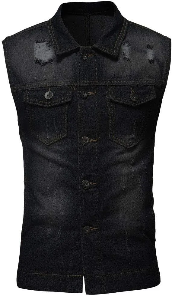 Men's Denim Vest Casual Slim Fit Ripped Classic Button Down Sleeveless Jean Jackets Stretch Vintage Cowboy Waistcoats
