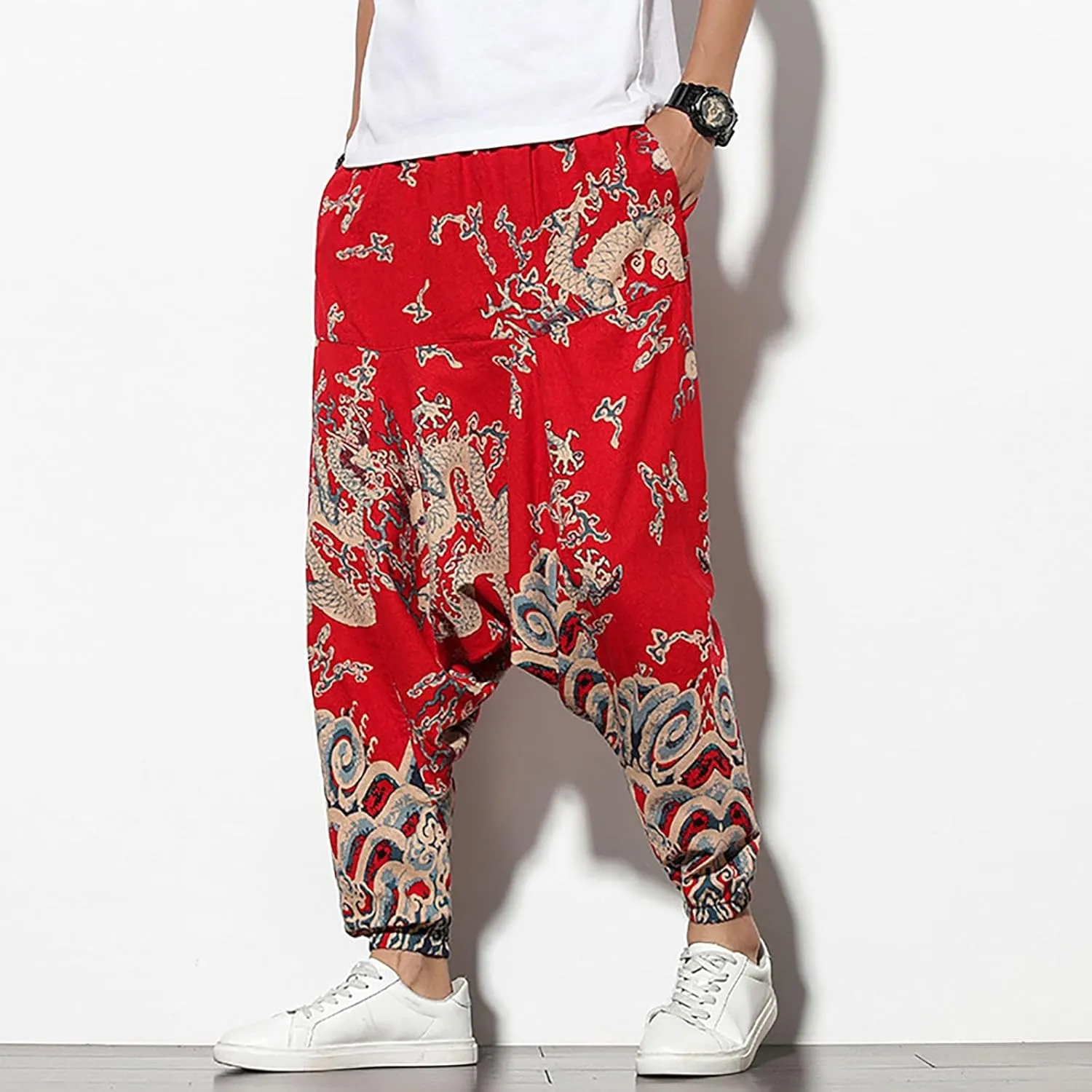 Mens Linen Cotton Chinese Dragon Pattern Harem Pants Big and Tall Elastic Waist Wide Leg Trousers Drop Crotch Hippie Pants