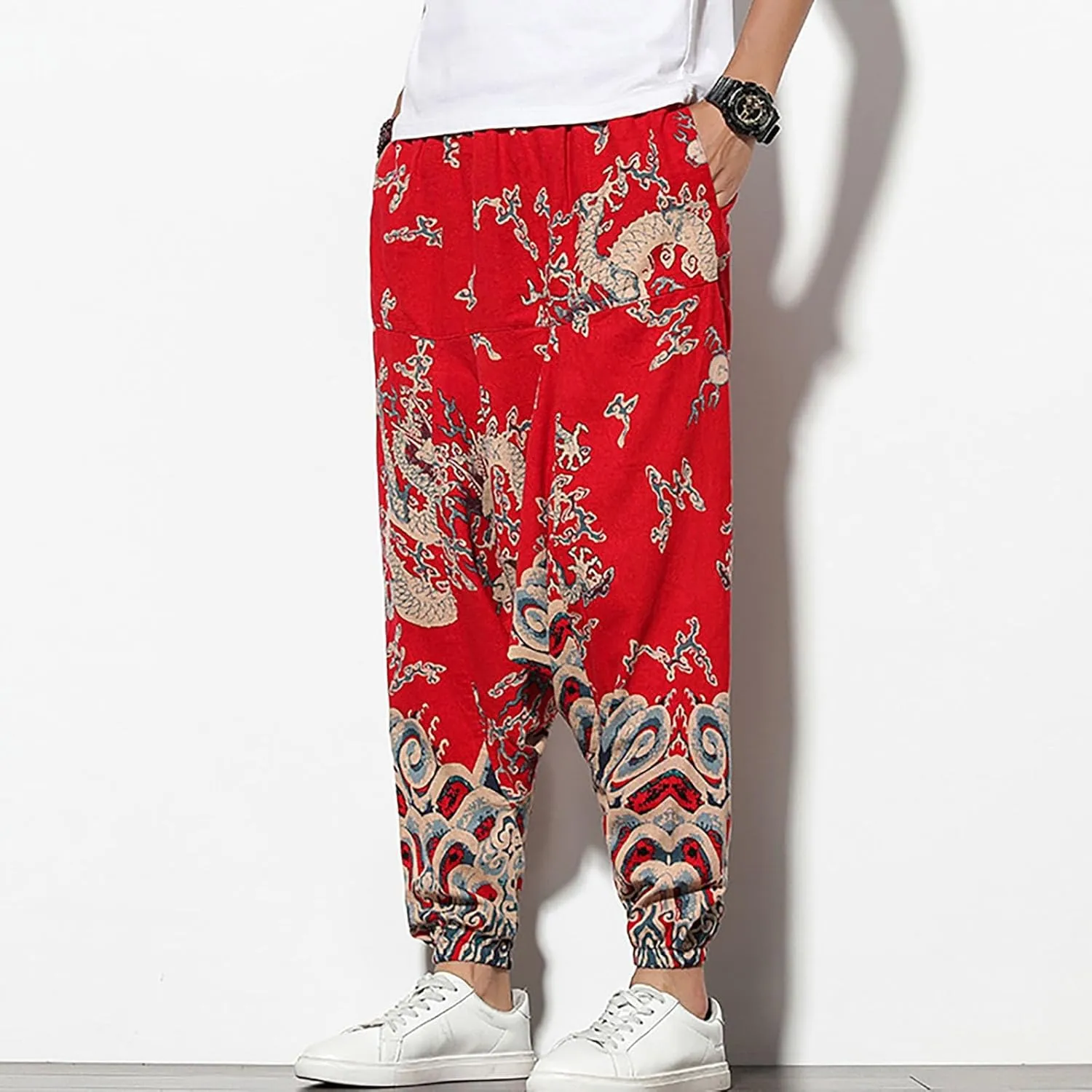 Mens Linen Cotton Chinese Dragon Pattern Harem Pants Big and Tall Elastic Waist Wide Leg Trousers Drop Crotch Hippie Pants