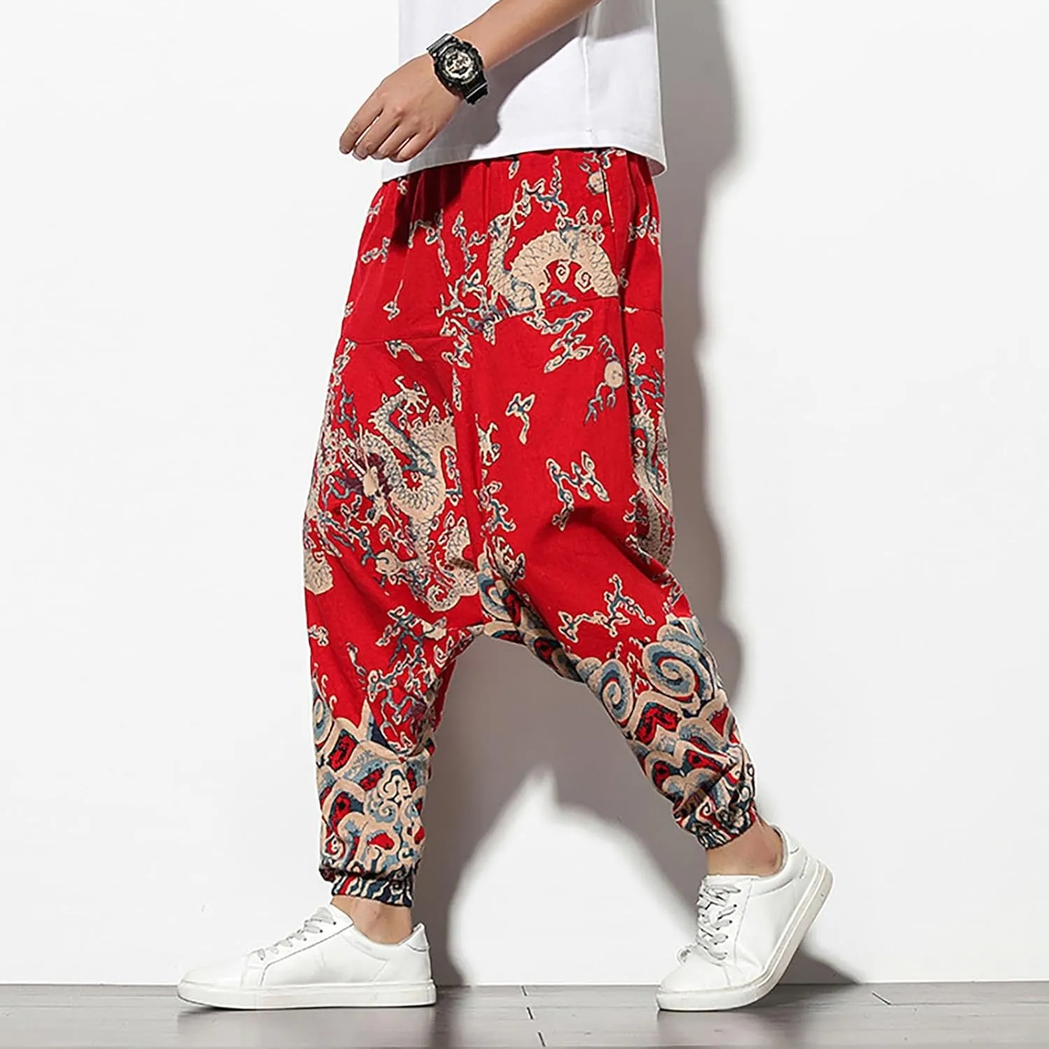 Mens Linen Cotton Chinese Dragon Pattern Harem Pants Big and Tall Elastic Waist Wide Leg Trousers Drop Crotch Hippie Pants