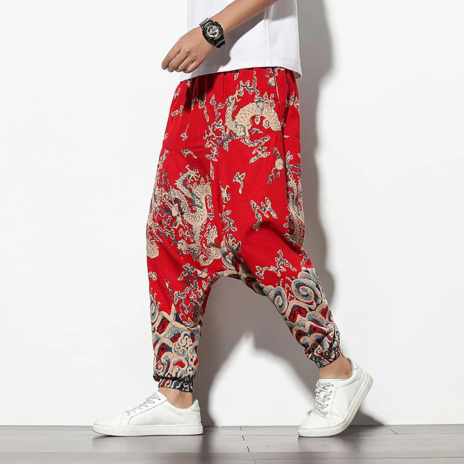 Mens Linen Cotton Chinese Dragon Pattern Harem Pants Big and Tall Elastic Waist Wide Leg Trousers Drop Crotch Hippie Pants