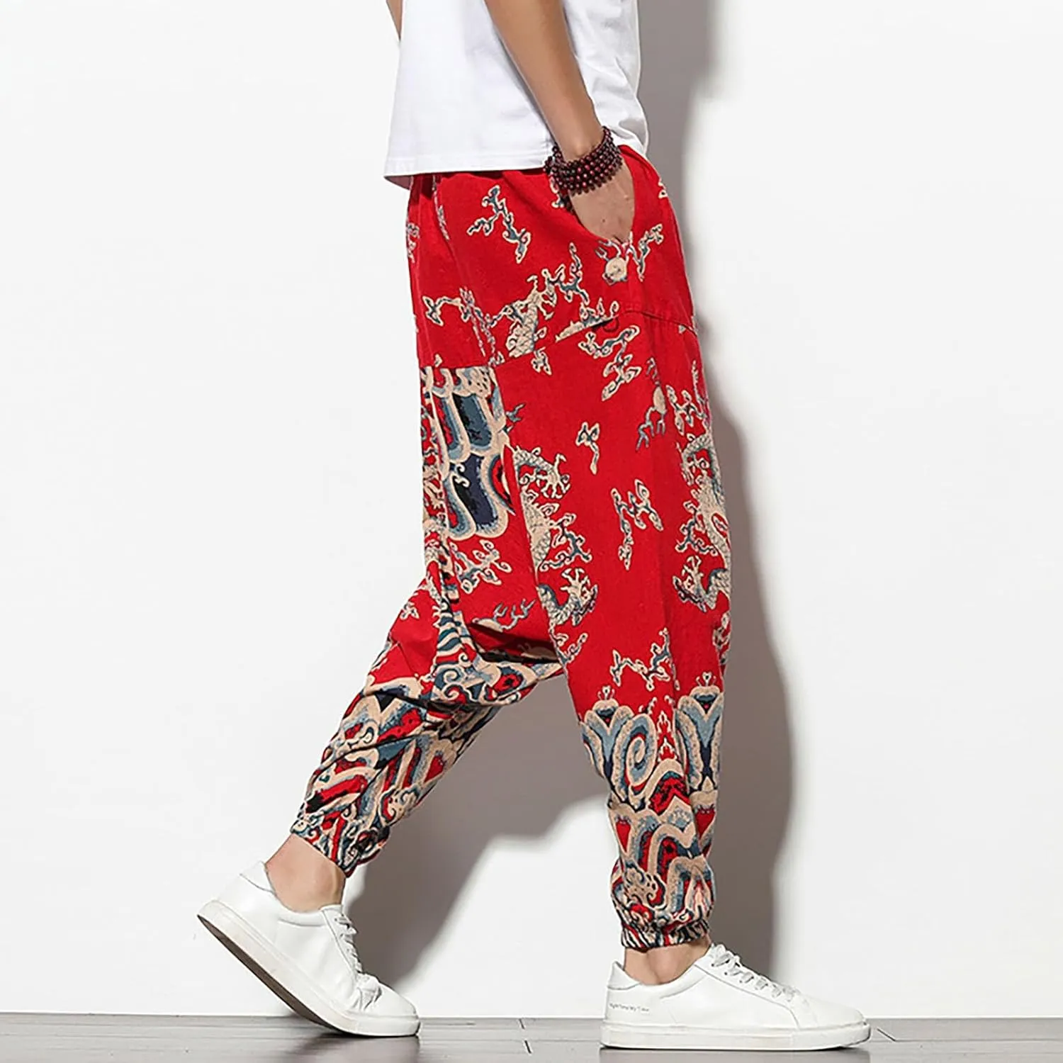 Mens Linen Cotton Chinese Dragon Pattern Harem Pants Big and Tall Elastic Waist Wide Leg Trousers Drop Crotch Hippie Pants