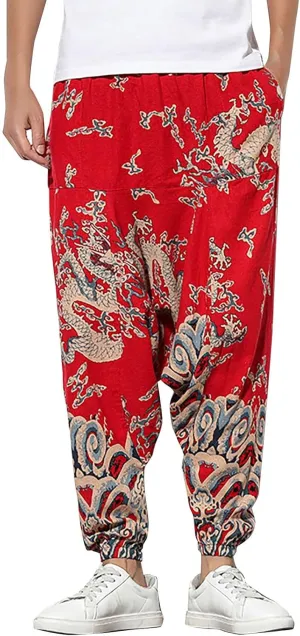 Mens Linen Cotton Chinese Dragon Pattern Harem Pants Big and Tall Elastic Waist Wide Leg Trousers Drop Crotch Hippie Pants