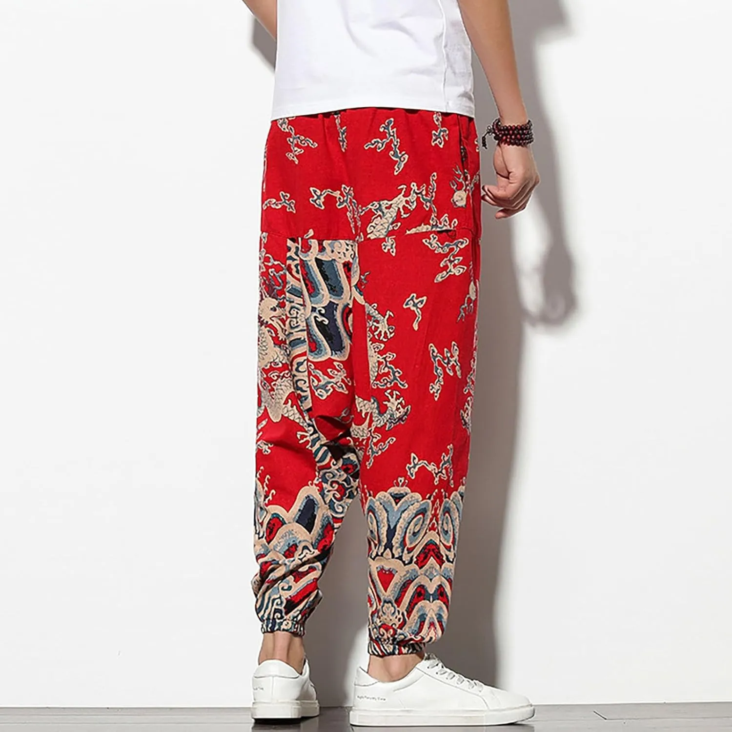 Mens Linen Cotton Chinese Dragon Pattern Harem Pants Big and Tall Elastic Waist Wide Leg Trousers Drop Crotch Hippie Pants