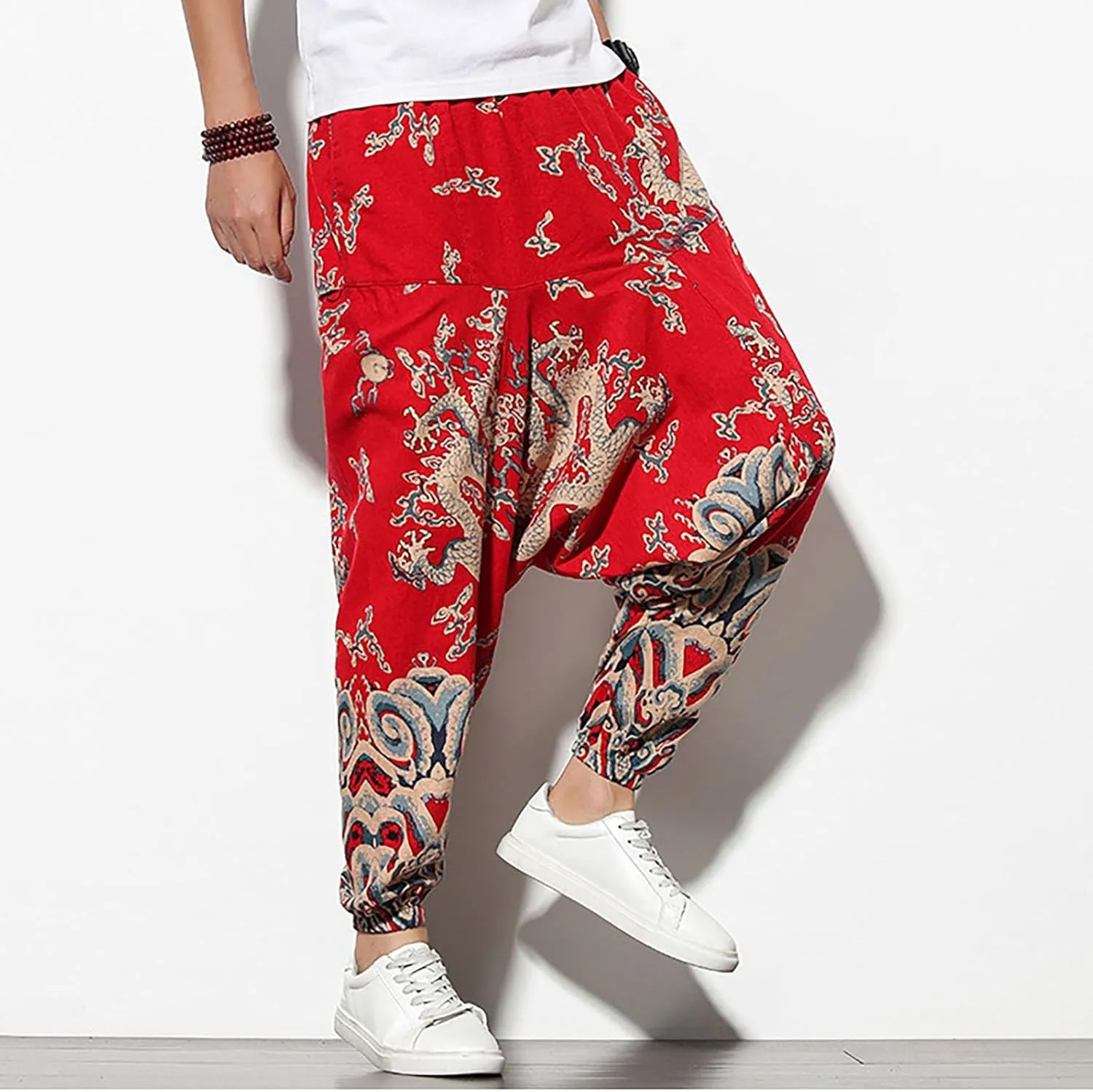 Mens Linen Cotton Chinese Dragon Pattern Harem Pants Big and Tall Elastic Waist Wide Leg Trousers Drop Crotch Hippie Pants