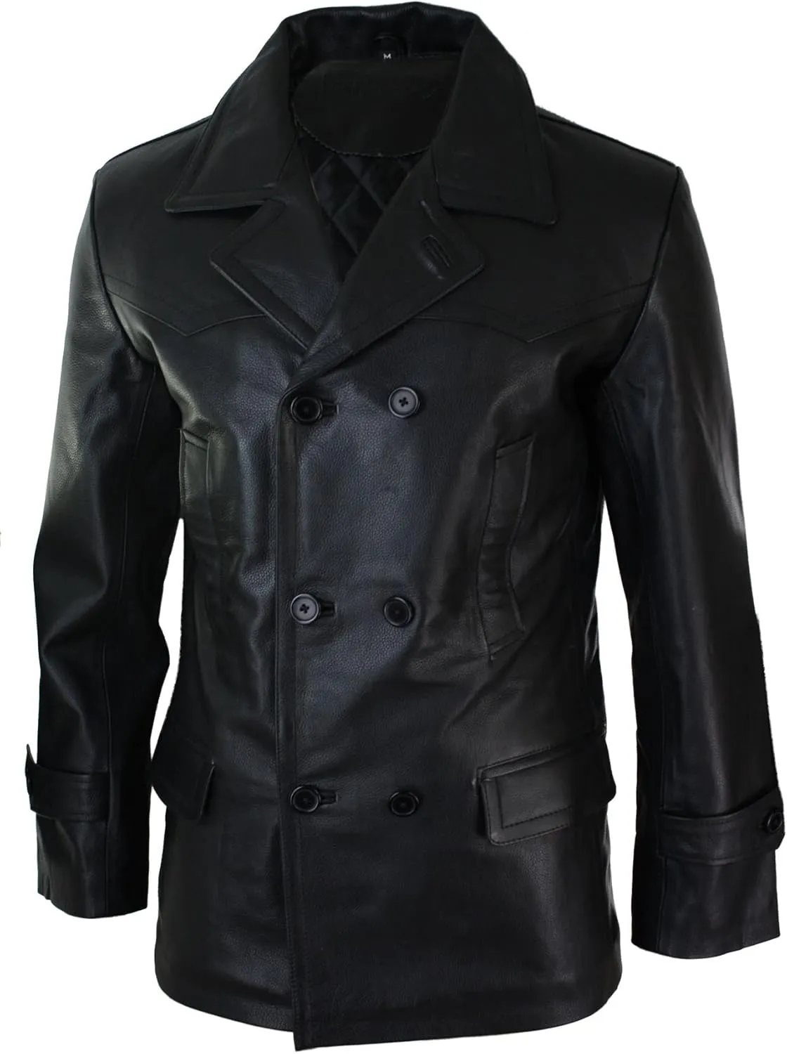Mens Real Leather 3/4 Double Breasted Pea Coat Sherlock Sailor Classic