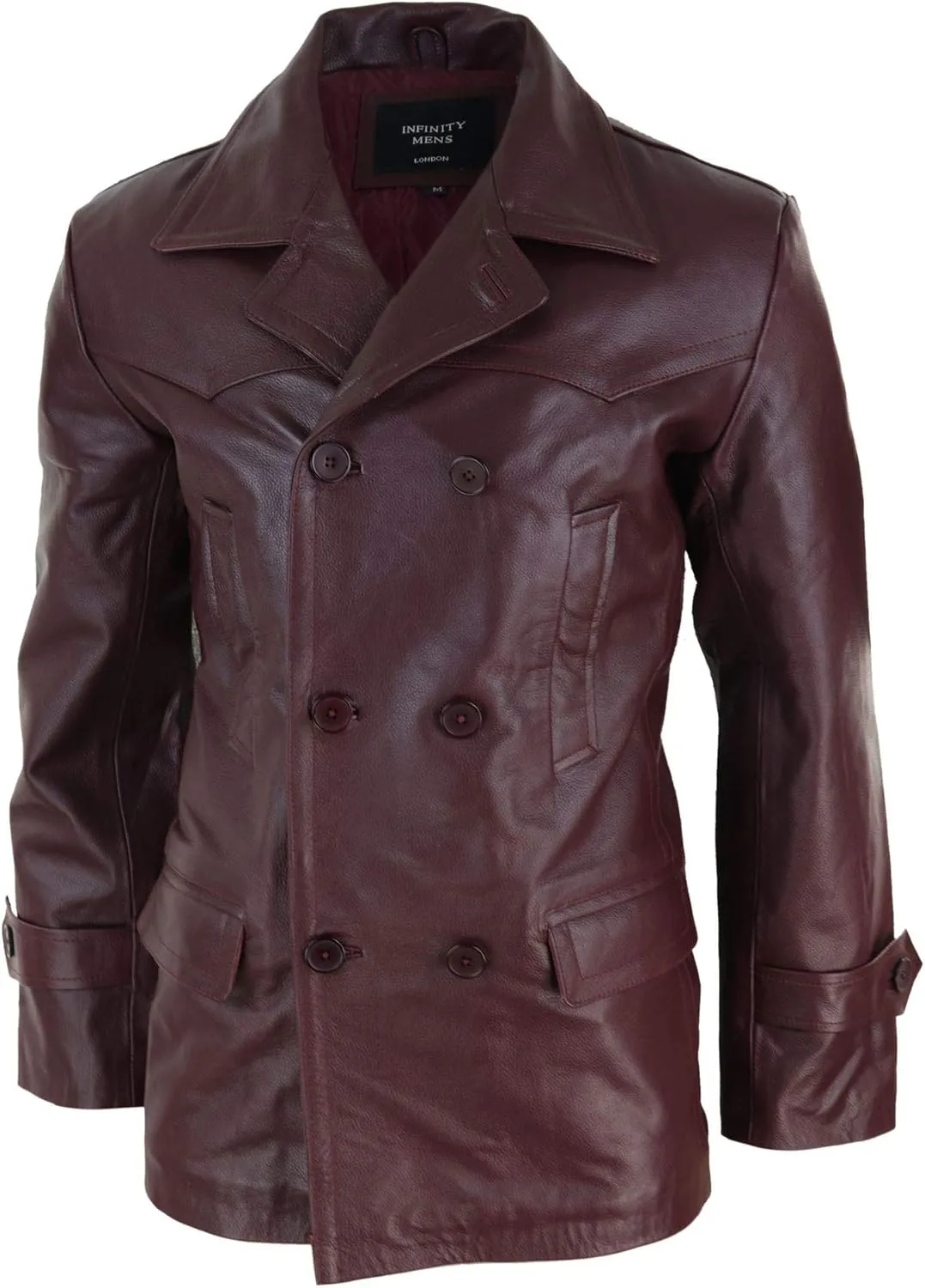 Mens Real Leather 3/4 Double Breasted Pea Coat Sherlock Sailor Classic