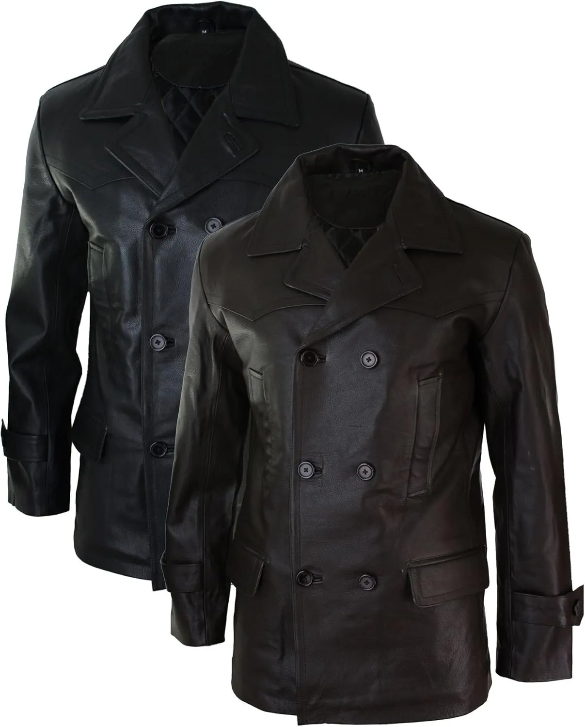 Mens Real Leather 3/4 Double Breasted Pea Coat Sherlock Sailor Classic