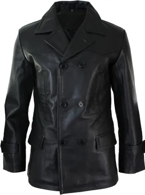 Mens Real Leather 3/4 Double Breasted Pea Coat Sherlock Sailor Classic