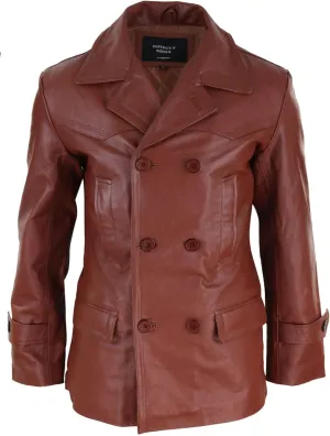 Mens Real Leather 3/4 Double Breasted Pea Coat Sherlock Sailor Classic