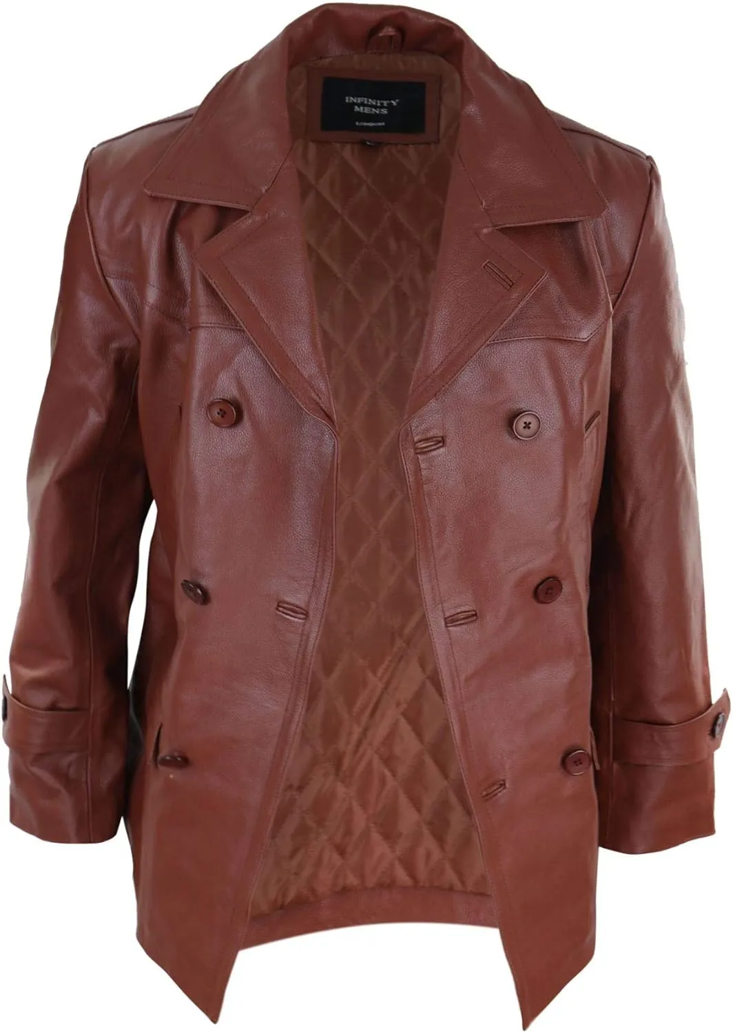 Mens Real Leather 3/4 Double Breasted Pea Coat Sherlock Sailor Classic