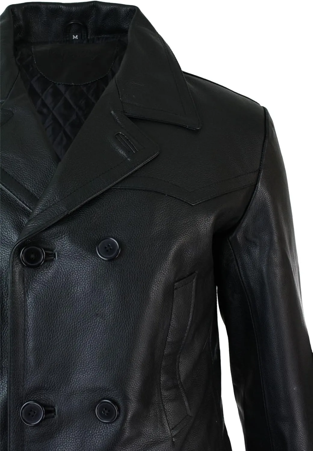 Mens Real Leather 3/4 Double Breasted Pea Coat Sherlock Sailor Classic