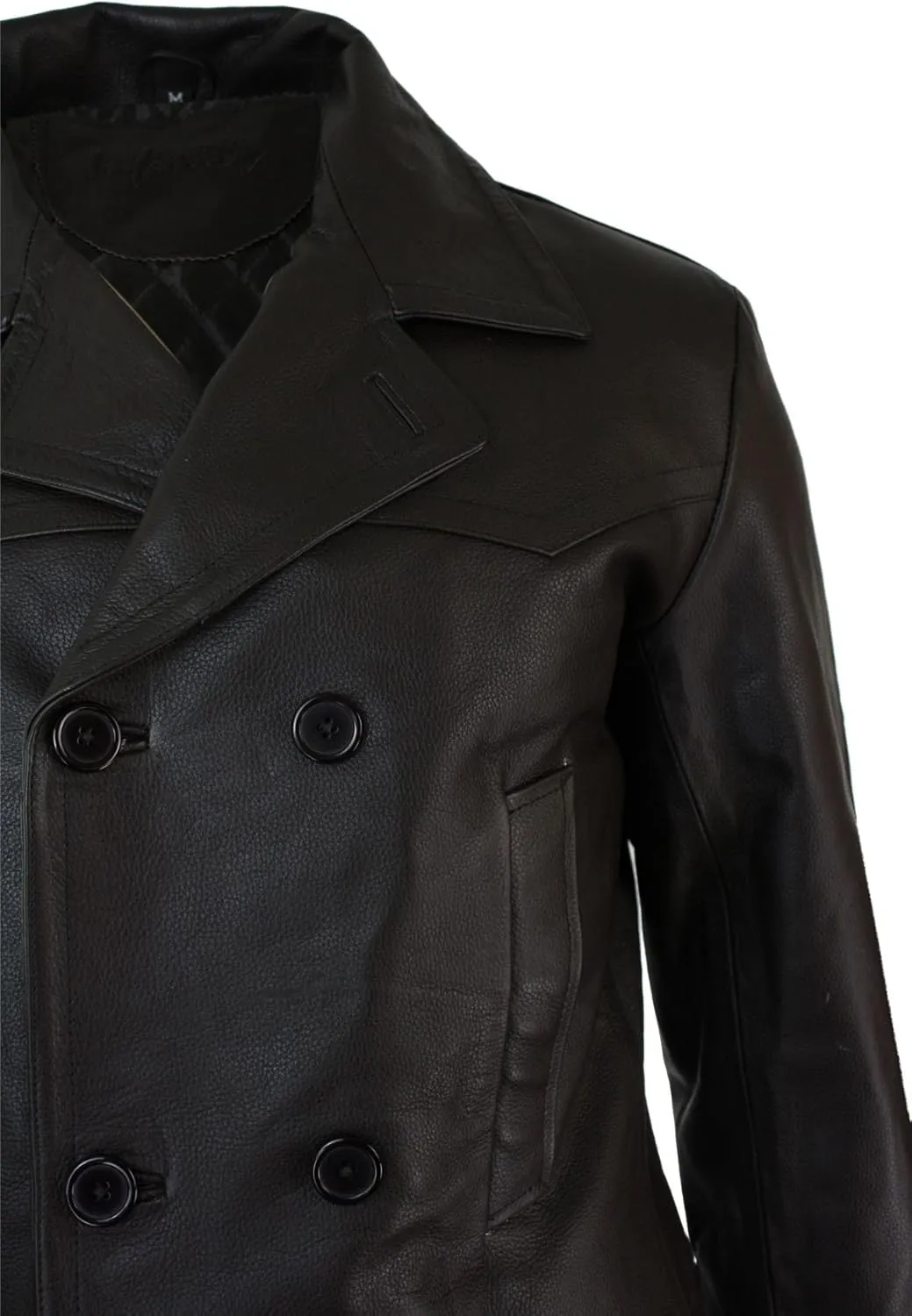 Mens Real Leather 3/4 Double Breasted Pea Coat Sherlock Sailor Classic
