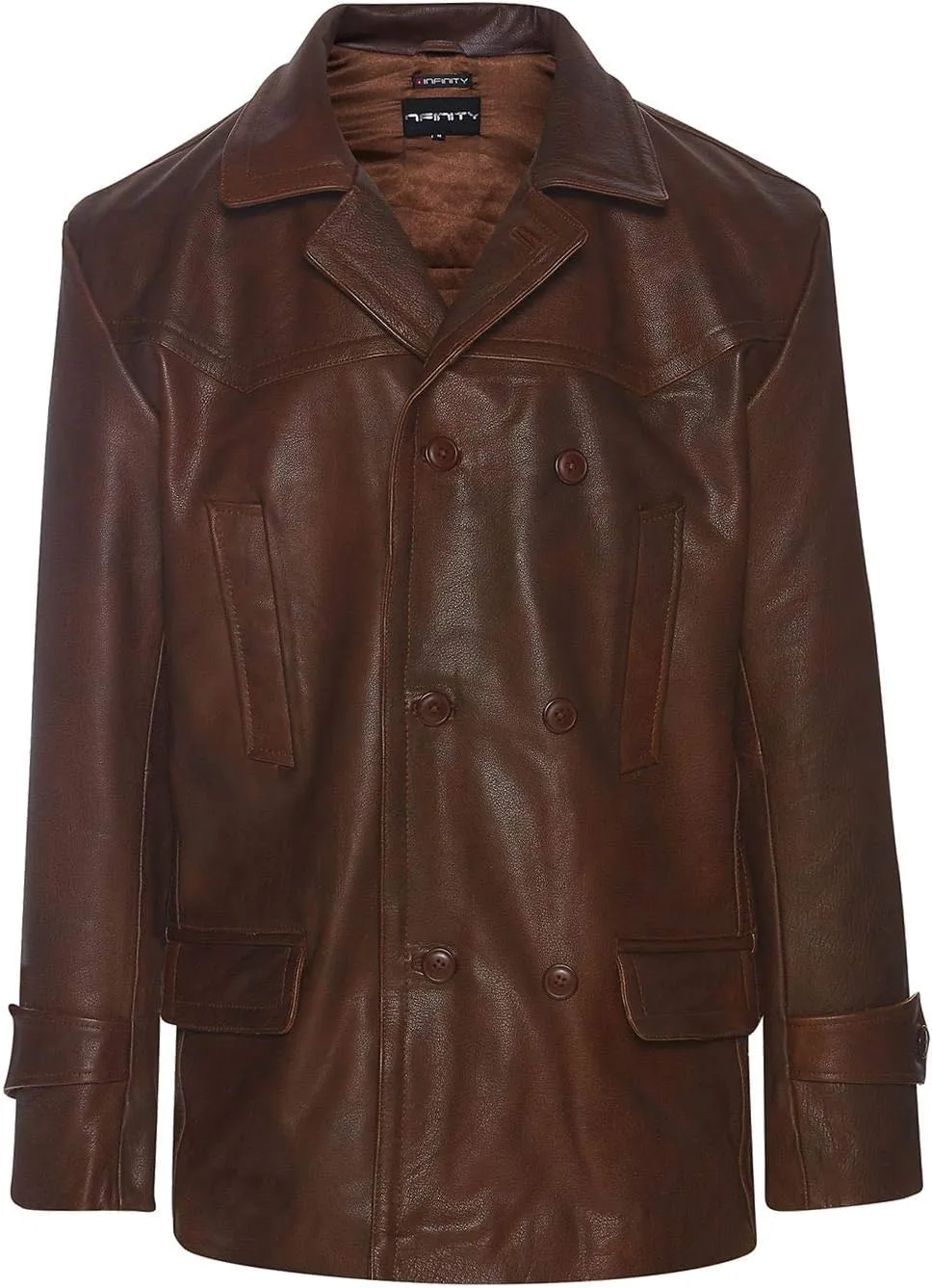 Mens Real Leather 3/4 Double Breasted Pea Coat Sherlock Sailor Classic