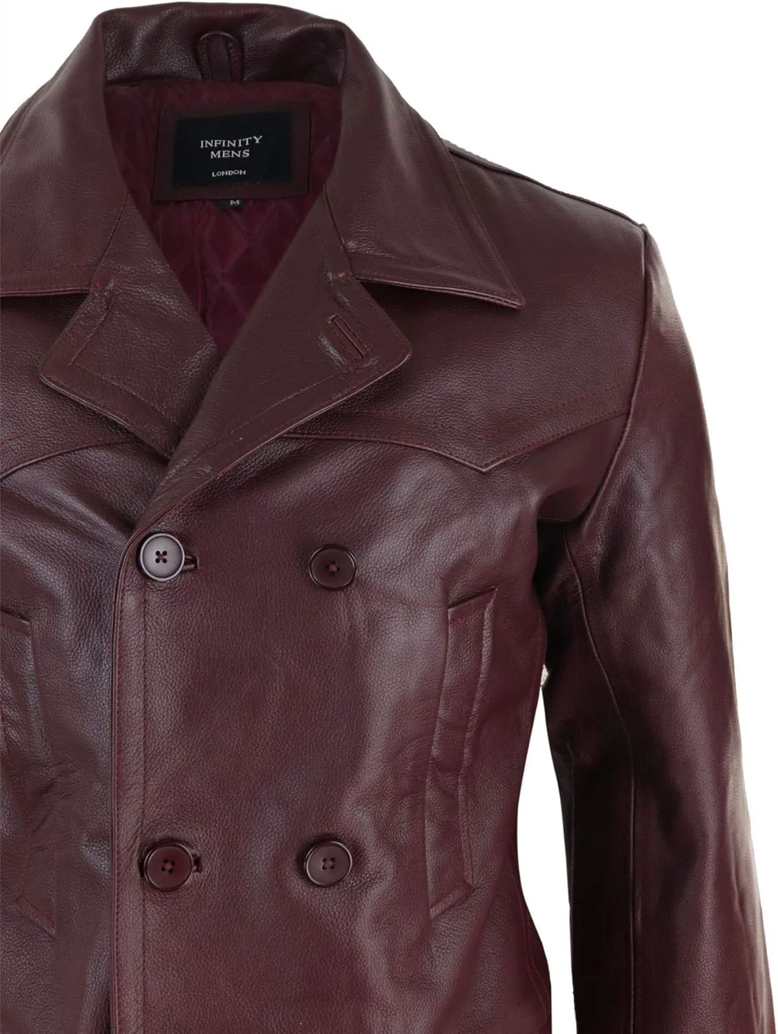 Mens Real Leather 3/4 Double Breasted Pea Coat Sherlock Sailor Classic