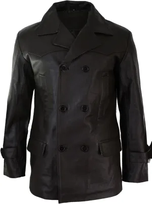Mens Real Leather 3/4 Double Breasted Pea Coat Sherlock Sailor Classic