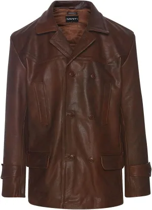 Mens Real Leather 3/4 Double Breasted Pea Coat Sherlock Sailor Classic
