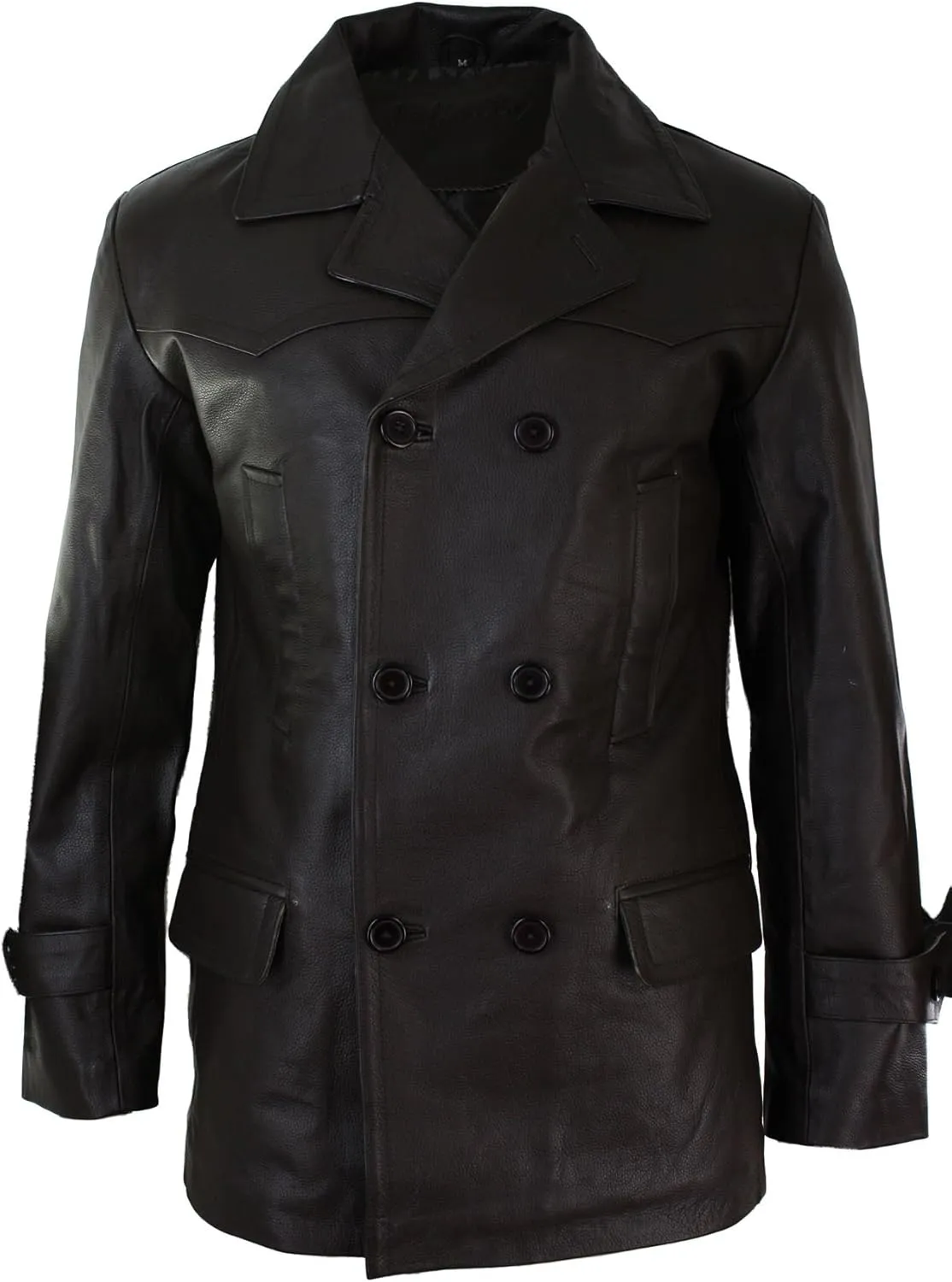 Mens Real Leather 3/4 Double Breasted Pea Coat Sherlock Sailor Classic