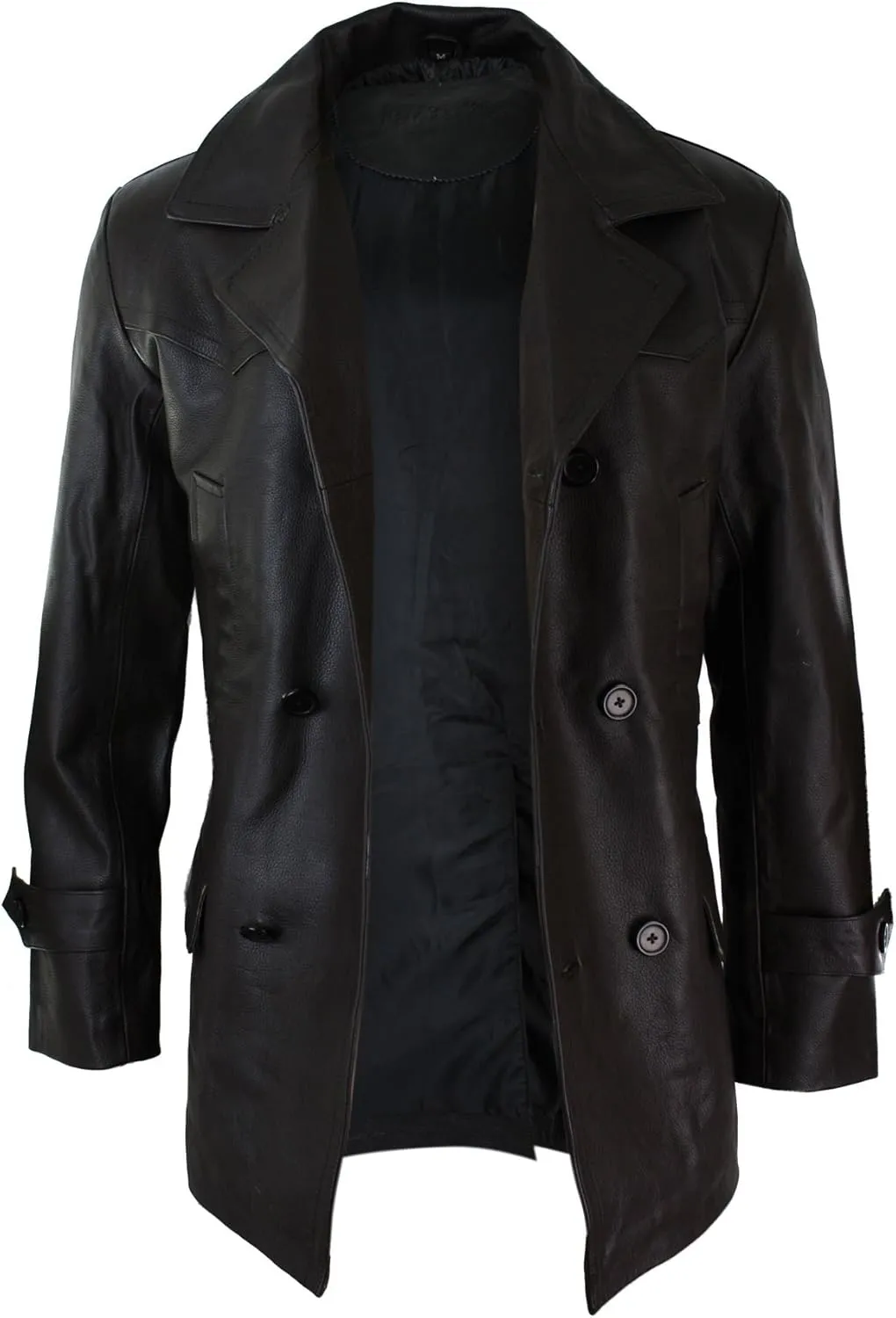 Mens Real Leather 3/4 Double Breasted Pea Coat Sherlock Sailor Classic
