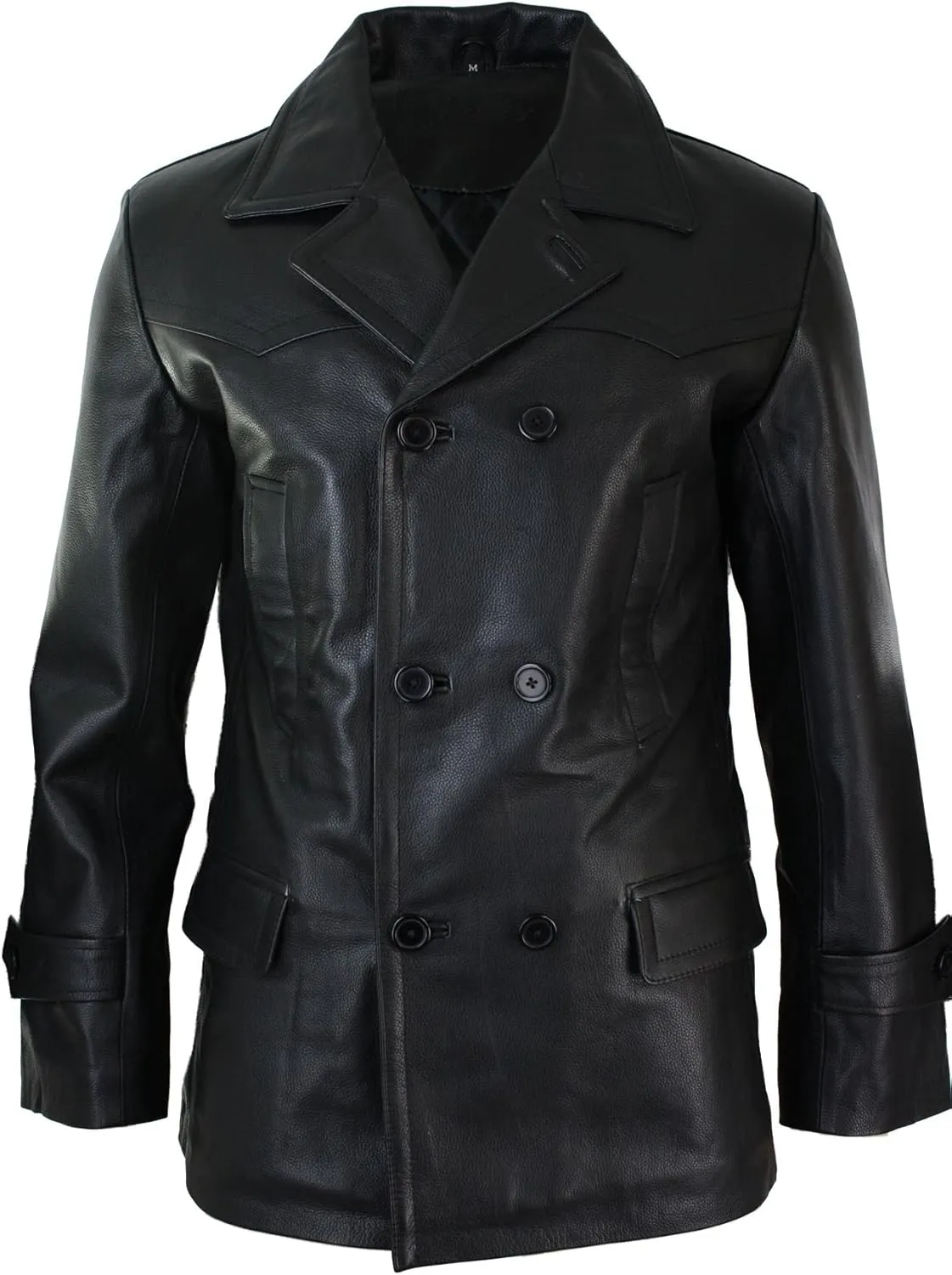 Mens Real Leather 3/4 Double Breasted Pea Coat Sherlock Sailor Classic