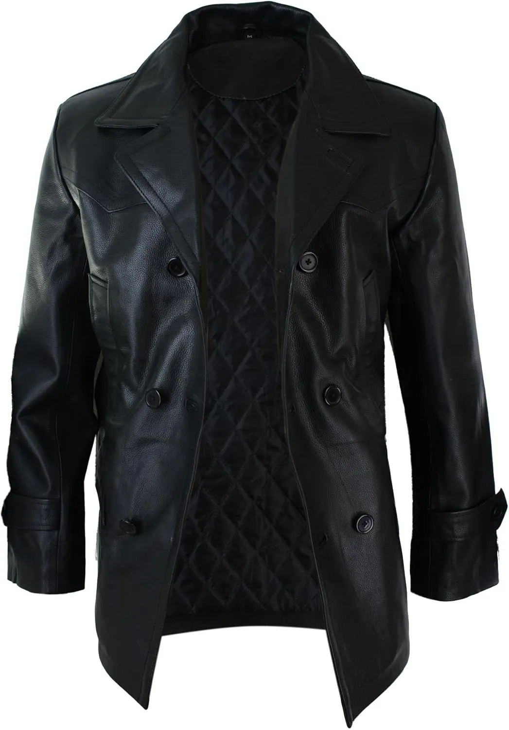 Mens Real Leather 3/4 Double Breasted Pea Coat Sherlock Sailor Classic