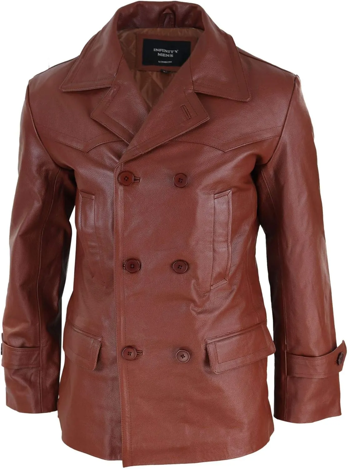 Mens Real Leather 3/4 Double Breasted Pea Coat Sherlock Sailor Classic