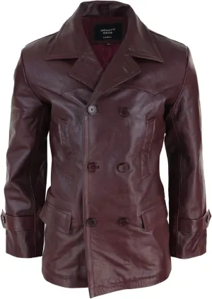 Mens Real Leather 3/4 Double Breasted Pea Coat Sherlock Sailor Classic