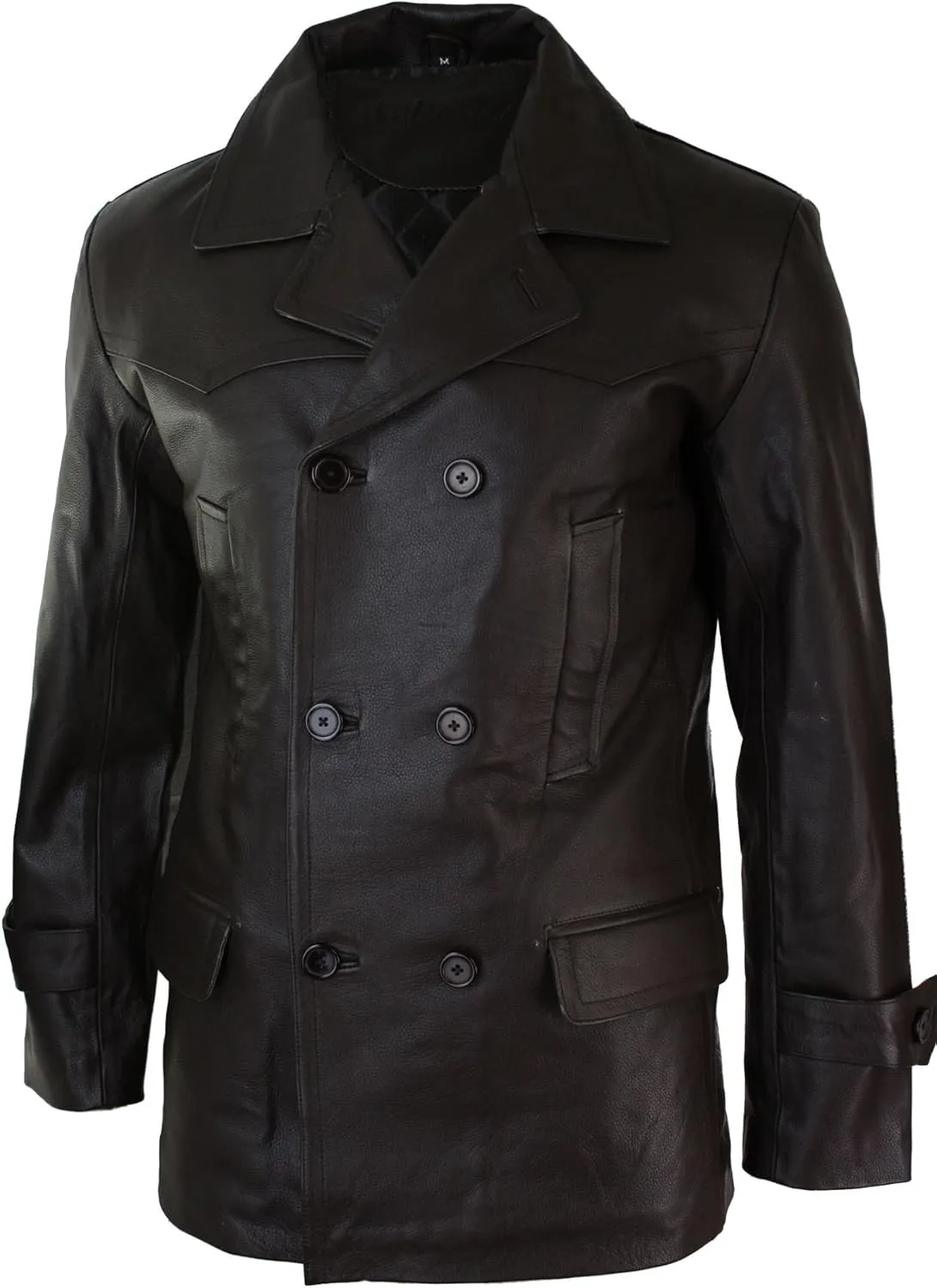 Mens Real Leather 3/4 Double Breasted Pea Coat Sherlock Sailor Classic