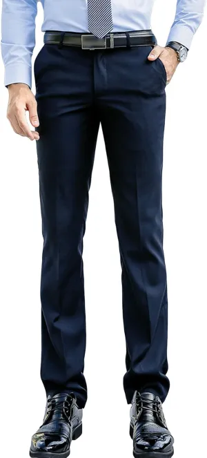 Men's Slim-Fit Flat-Front Dress Pant Classic Business Chino Trousers Solid Color Skinny Comfort Wedding Pant (28,Dark Blue)