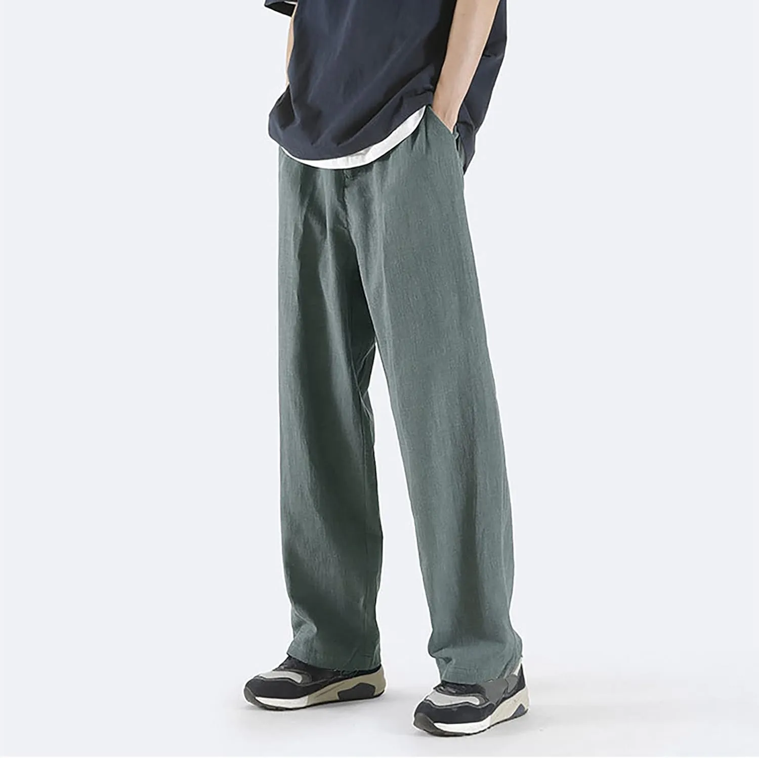Mens Straight Leg Linen Pants Elastic Waist Drawstring Loose Summer Beach Trouser Trendy Resort Wear Comfort Lounge Pants
