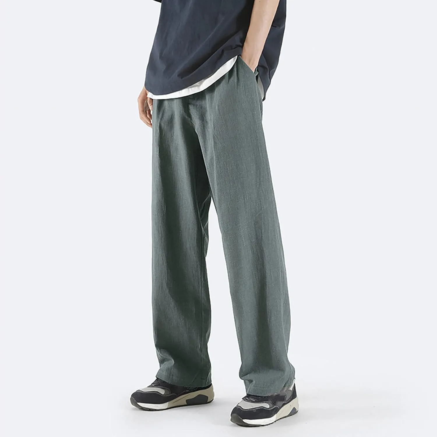 Mens Straight Leg Linen Pants Elastic Waist Drawstring Loose Summer Beach Trouser Trendy Resort Wear Comfort Lounge Pants