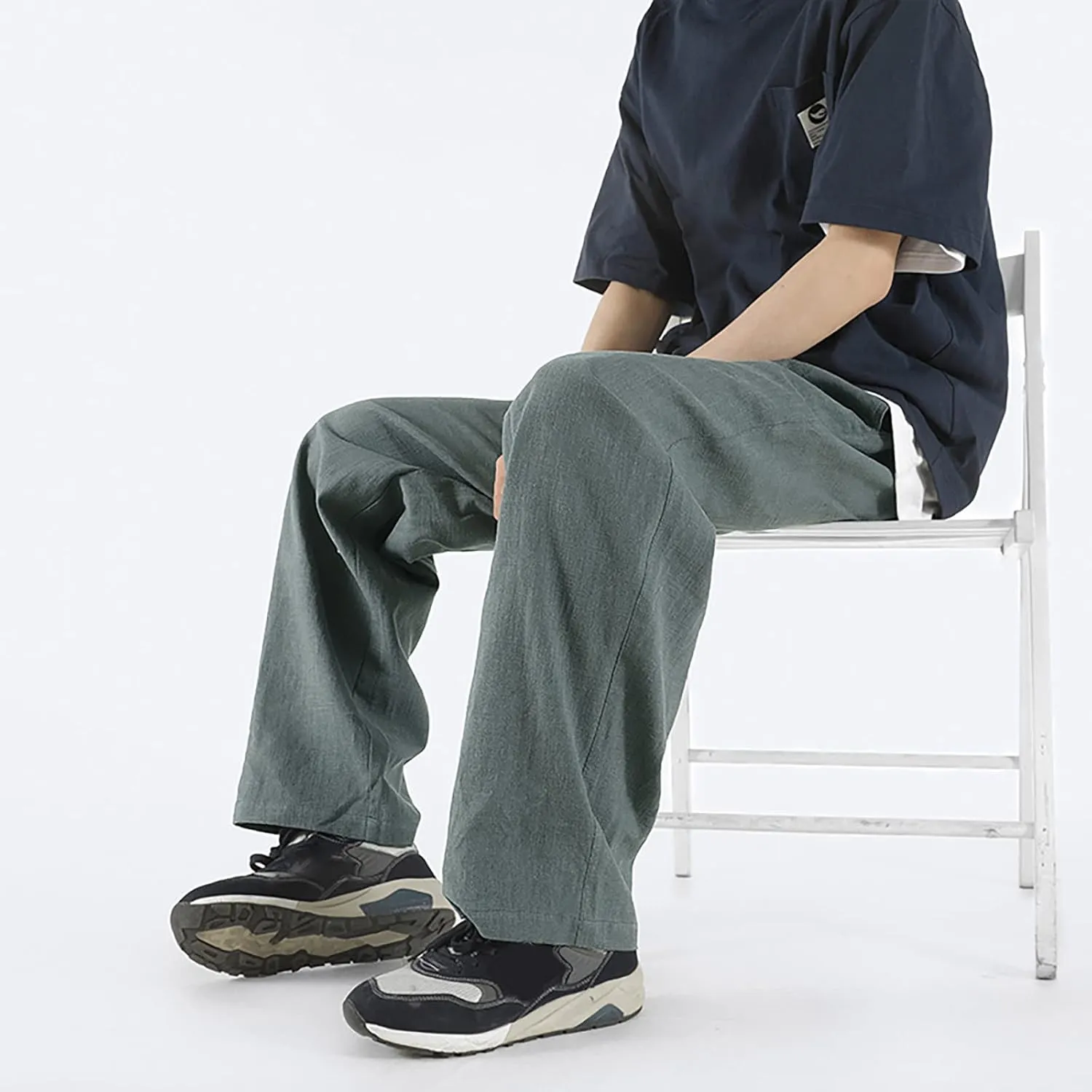 Mens Straight Leg Linen Pants Elastic Waist Drawstring Loose Summer Beach Trouser Trendy Resort Wear Comfort Lounge Pants