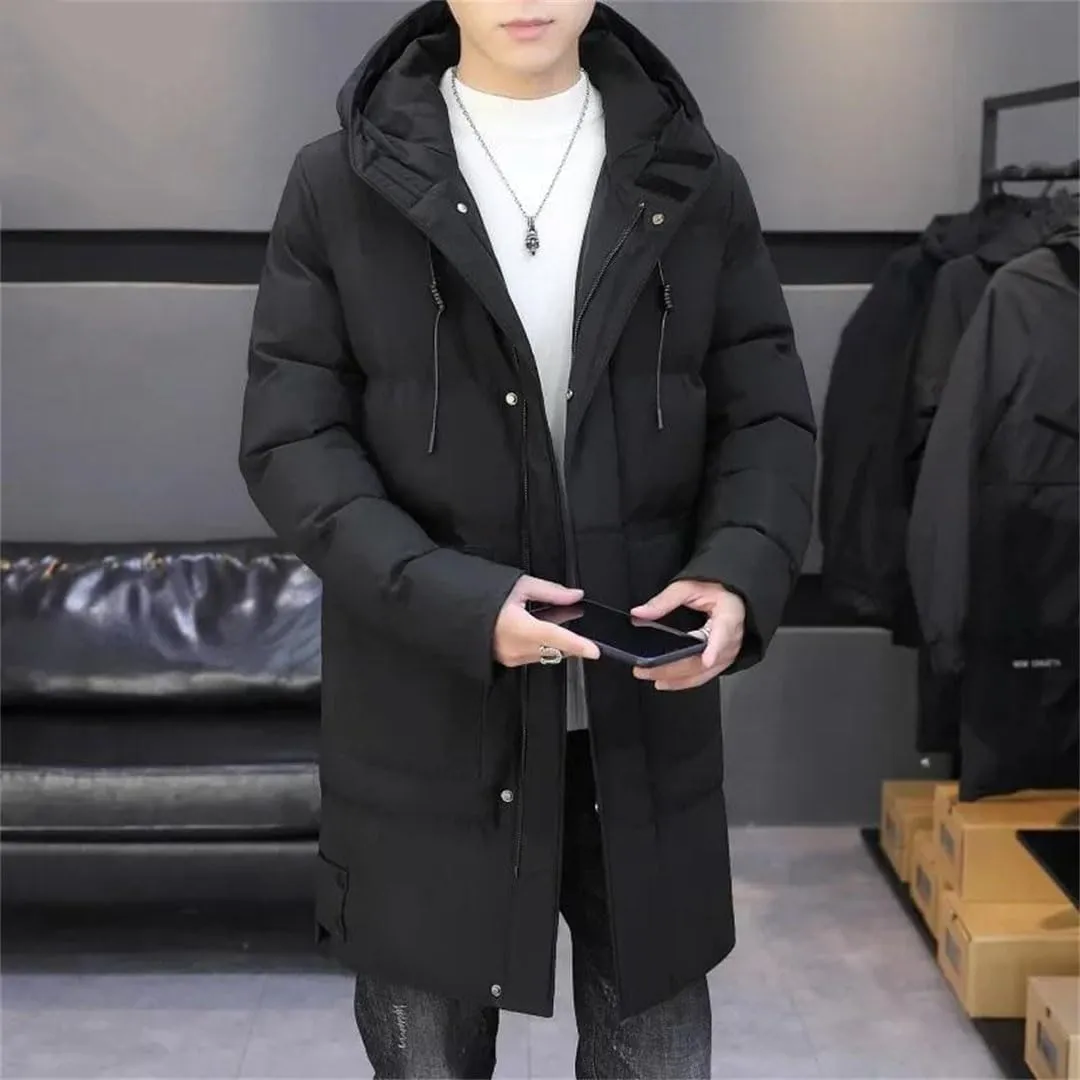 Men's Winter Long Business Thick Warm Parka Casual Clothes Cold-Proof Down Cotton Padded Hooded Coat