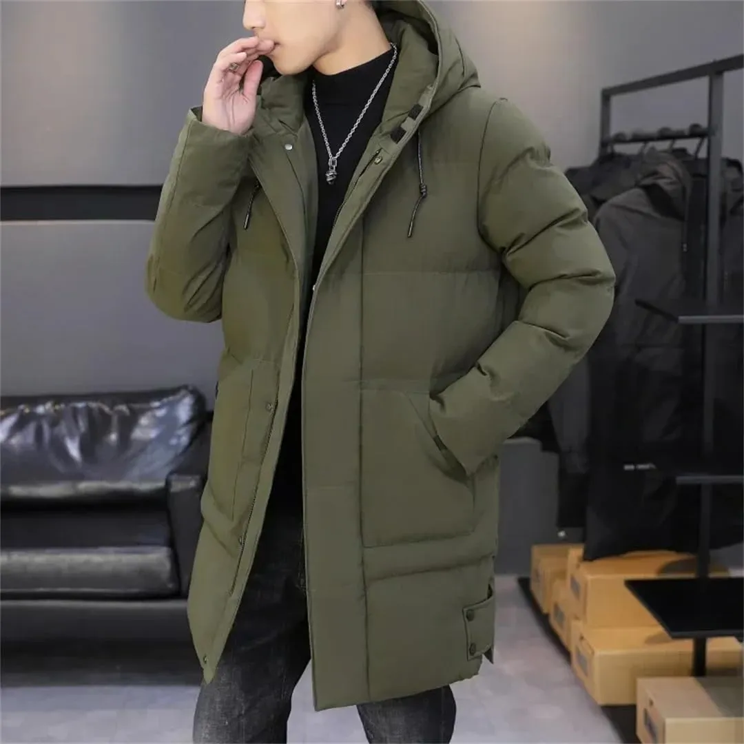 Men's Winter Long Business Thick Warm Parka Casual Clothes Cold-Proof Down Cotton Padded Hooded Coat