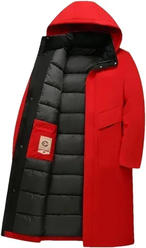 Men's Winter Long Business Thickened Down Cotton Warm Parkas Street Snow Cold-Proof Hooded Padded Coat