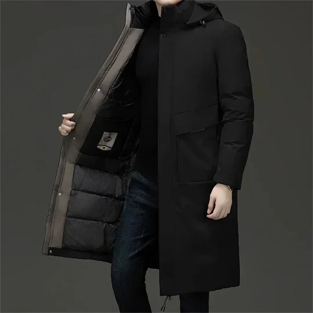 Men's Winter Long Business Thickened Down Cotton Warm Parkas Street Snow Cold-Proof Hooded Padded Coat