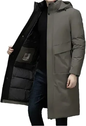 Men's Winter Long Business Thickened Down Cotton Warm Parkas Street Snow Cold-Proof Hooded Padded Coat