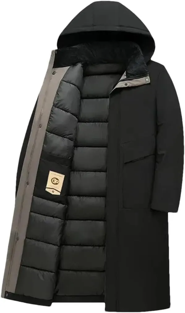 Men's Winter Long Business Thickened Down Cotton Warm Parkas Street Snow Cold-Proof Hooded Padded Coat