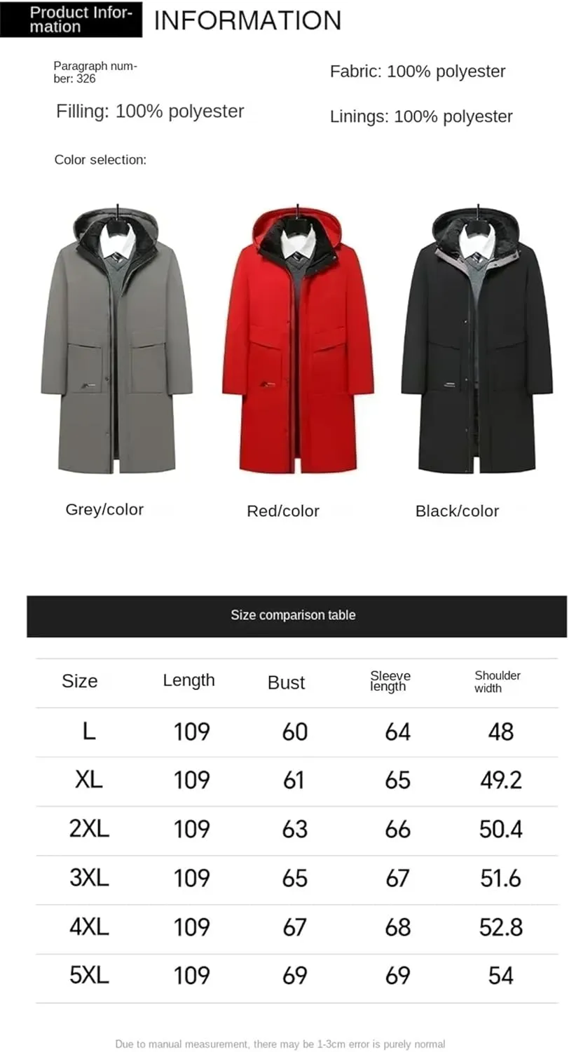 Men's Winter Long Business Thickened Down Cotton Warm Parkas Street Snow Cold-Proof Hooded Padded Coat