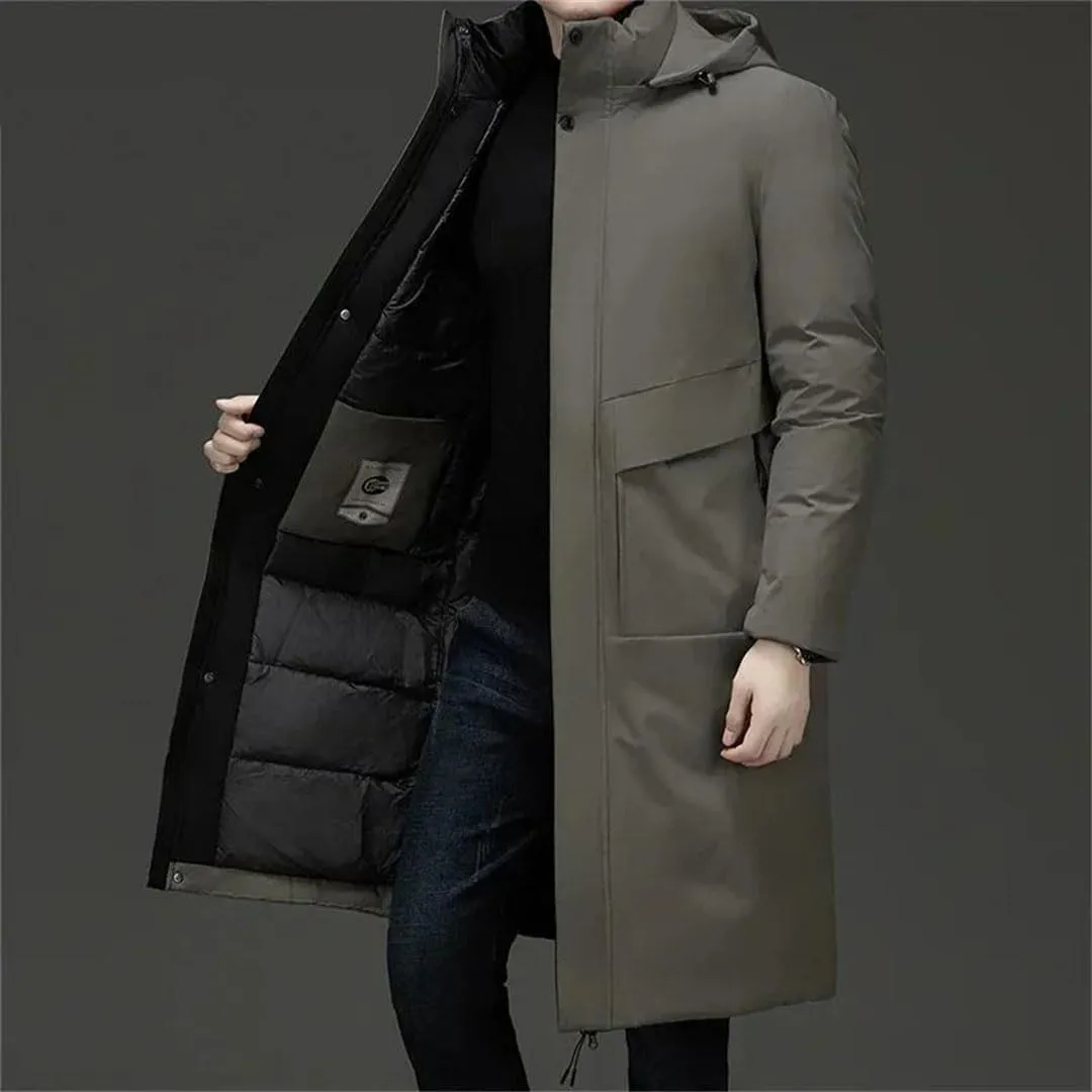 Men's Winter Long Business Thickened Down Cotton Warm Parkas Street Snow Cold-Proof Hooded Padded Coat