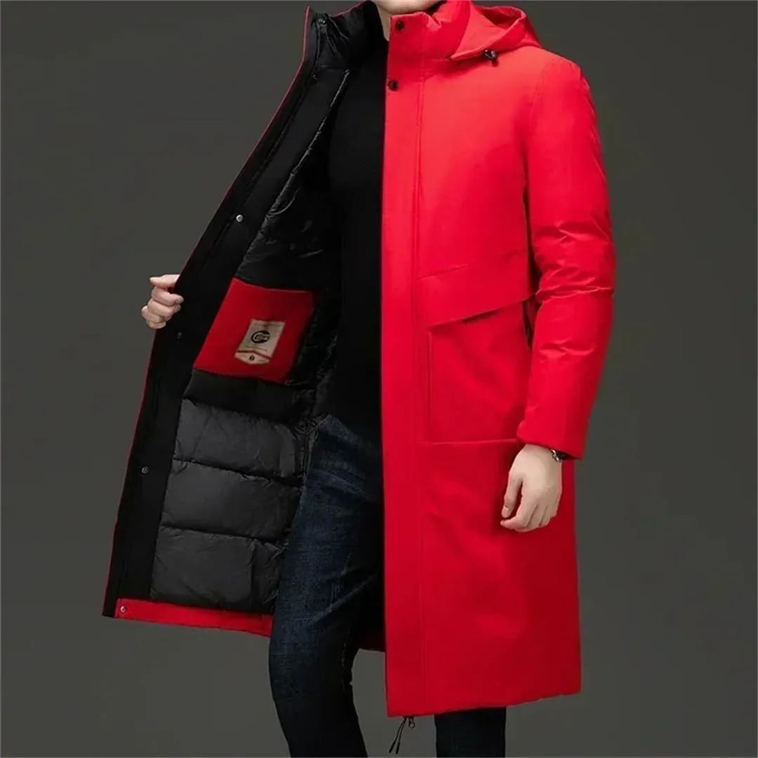Men's Winter Long Business Thickened Down Cotton Warm Parkas Street Snow Cold-Proof Hooded Padded Coat