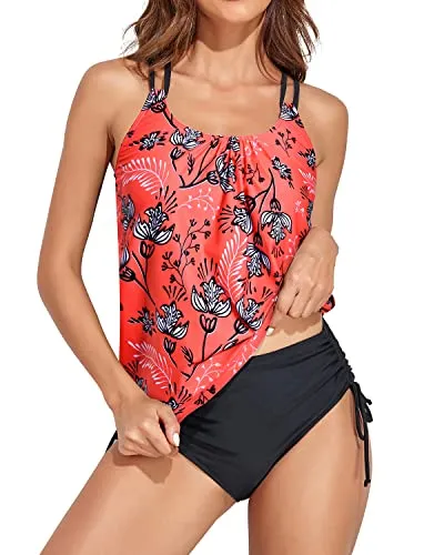 Mid Rise Blouson Tankini Bathing Suits For Women-Red Floral