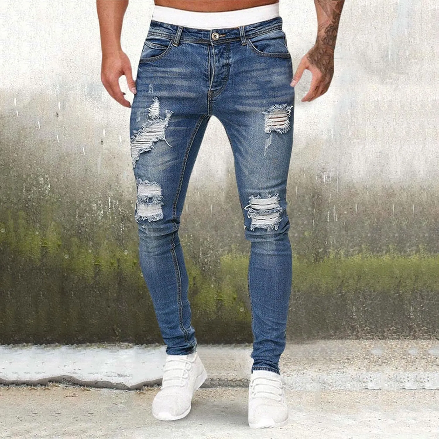 MIDOO Slim Fit Jeans for Men Ripped Distressed Straight Leg Denim Pants Fashion Comfort Pants Trousers with Pockets