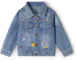 Miipat Toddler Girls Denim Jacket Sequin Patchwork Jean Jacket Little Kids Button Down Long Sleeve Jean Coat