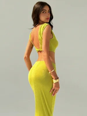 Minimalist Tight Sleeveless Green Backless Open Back Top & Green Bodycon Long Skirt Women's Two-Piece Set