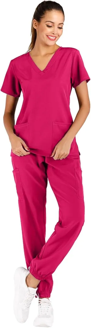 Minty Mint Women's Solid Stretch Medical Uniform Scrub Set V Neck Top Cargo Tapered Jogger Pants Hot Pink 2XL
