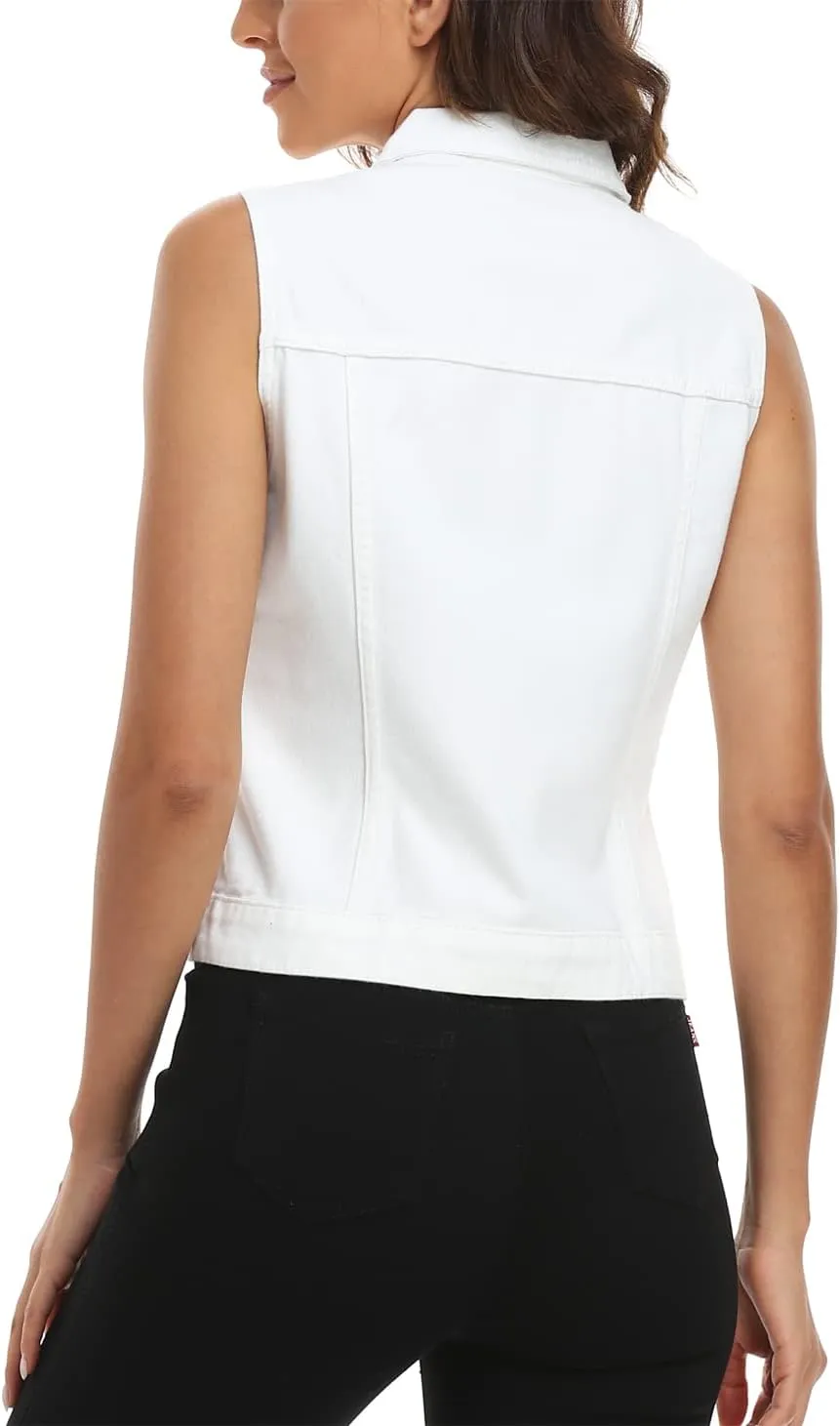 MISS MOLY Women's Denim Vest Cropped Classic Sleeveless Jean Vest Jackets With Flap Pockets